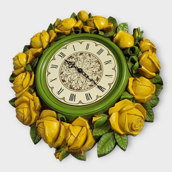 Syroco Homco Yellow Green Rose Floral Large Decorative Wall Clock "Not Working" - Picture 12 of 14